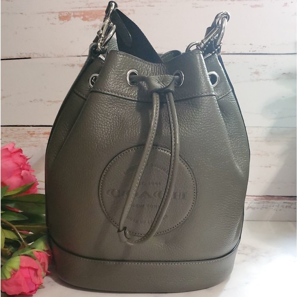 COACH Dempsey Crossbody Bucket Bag in Olive Green & Silver - Picture 7 of 14